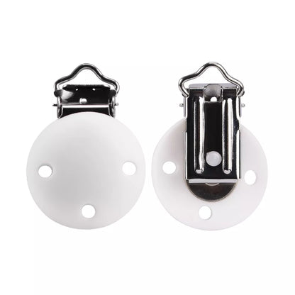 Set of 5 silicone round pacifier holders, BPA-free, keeping pacifiers clean and secure.