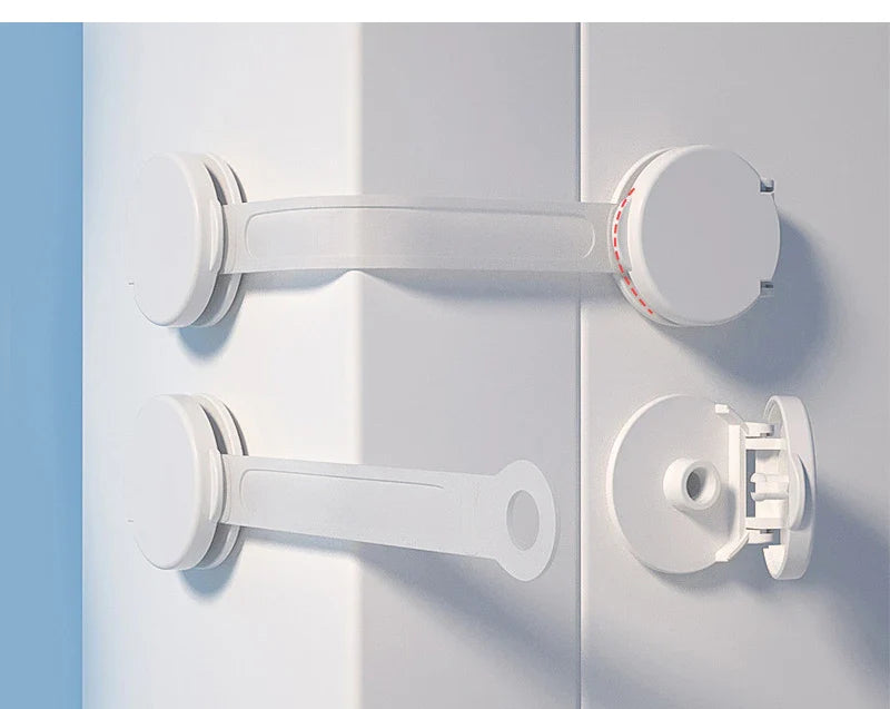 Set of 5 white child locks for baby proofing cabinets and drawers, easy installation