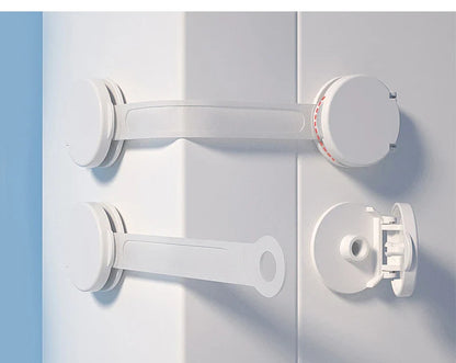 Set of 5 white child locks for baby proofing cabinets and drawers, easy installation