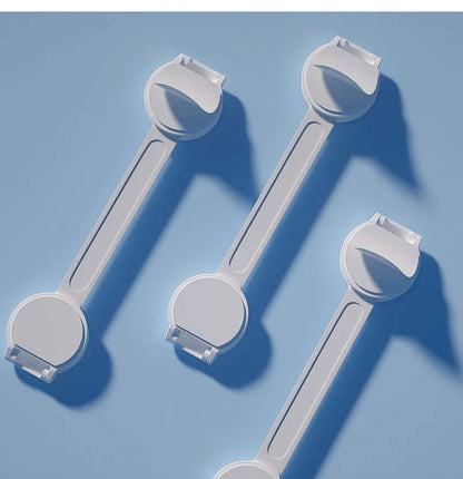 White child safety latches (5-pack) for securing home cabinets and drawers from babies