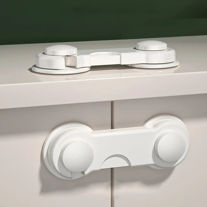 White baby safety latches for cabinets and drawers, essential child protection gear
