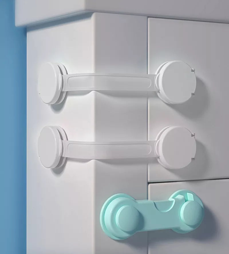 Durable white child safety cabinet and drawer locks, a 5-pack for baby proofing