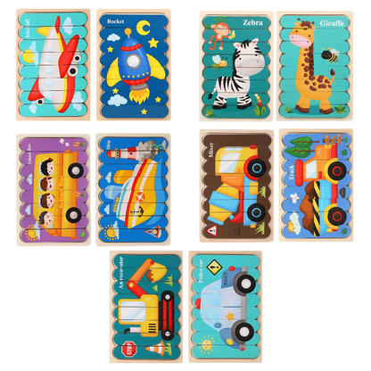Assorted wooden animal puzzles on a white background, perfect brain development gift