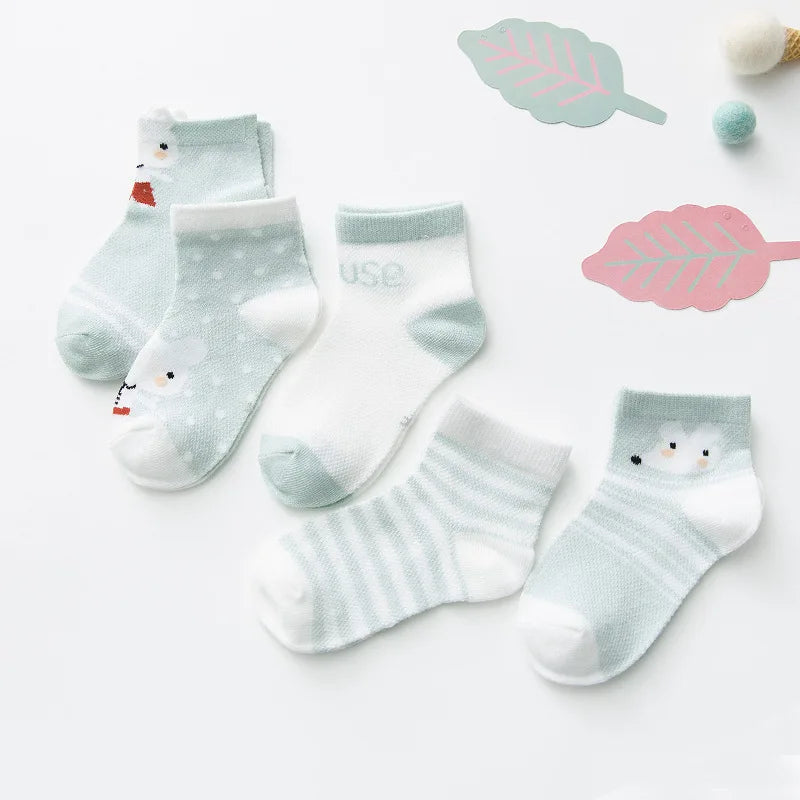 White cotton mesh infant socks, 5 pairs, featuring soft and flexible fabric for growth