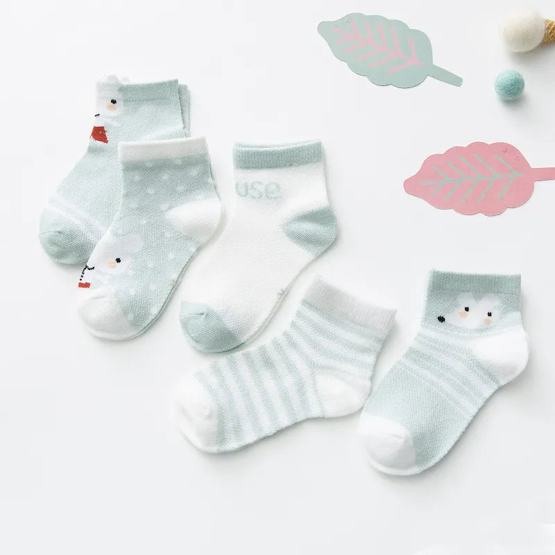 Breathable mesh infant socks, white cotton blend, 5 pairs for unisex baby apparel