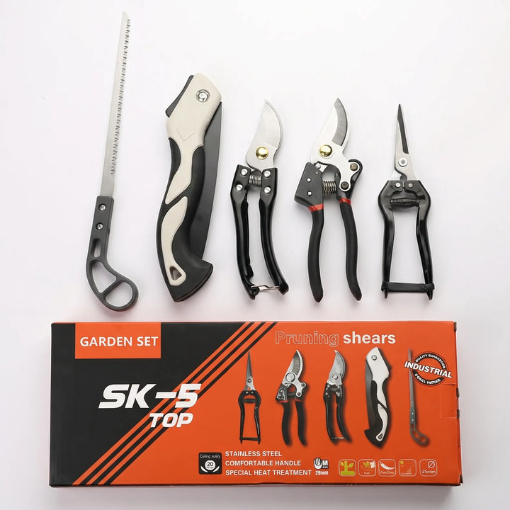 Sharp steel blade pruners from a 5-piece garden tool set, ideal for precise plant care & yard maintenance.