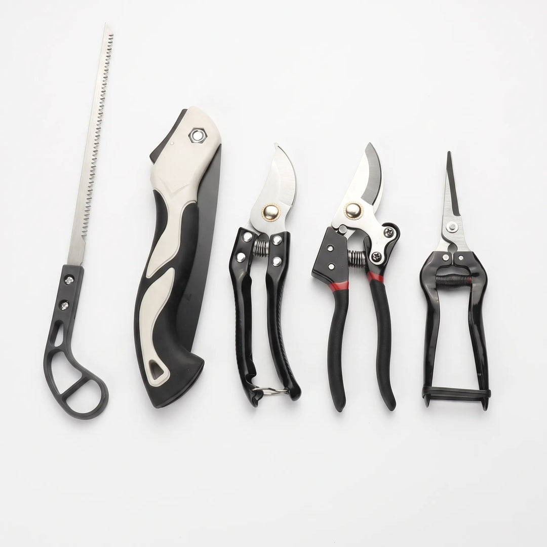 Complete 5-piece garden tool set, including hand tools for pruning, planting, and essential yard work tasks.