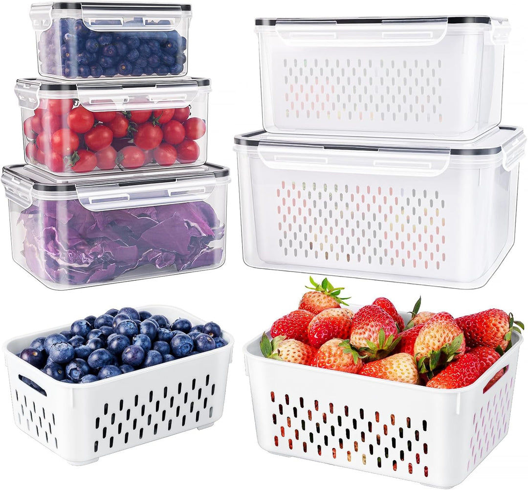 5-piece food storage containers with drainer basket, perfect for fresh produce, meal prep, and kitchen organization.