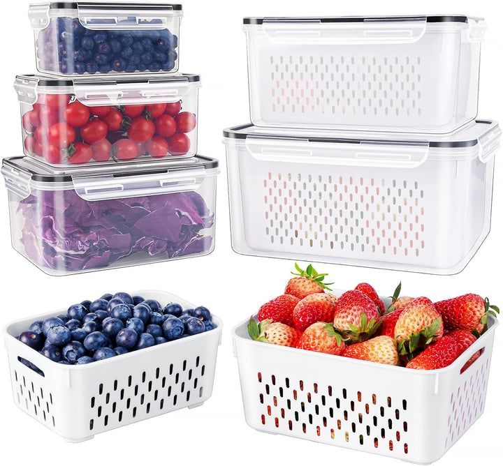 5-piece food storage containers with drainer basket, perfect for fresh produce, meal prep, and kitchen organization.