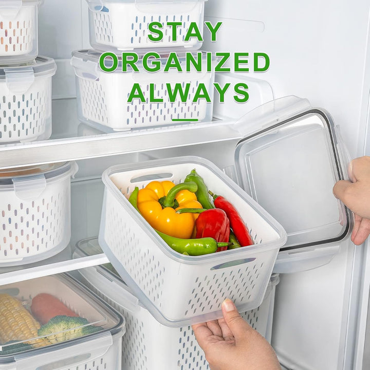 Clear FreshKeeper containers for refrigerator organization, ideal for fruit and vegetable storage with drainage.