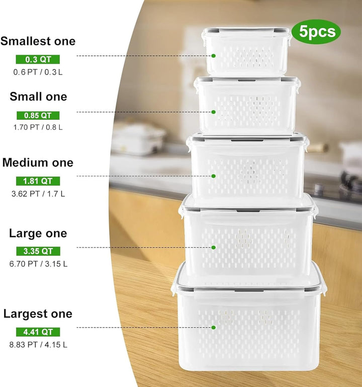 Multi-size food storage set with drainer, ensuring leak-proof freshness for produce, great for meal prep.
