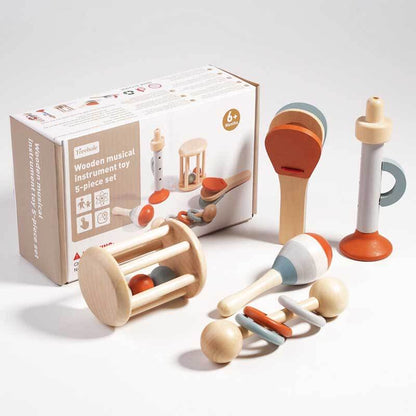 Wooden baby toy musical set with rattles, maraca, and castanet for toddlers