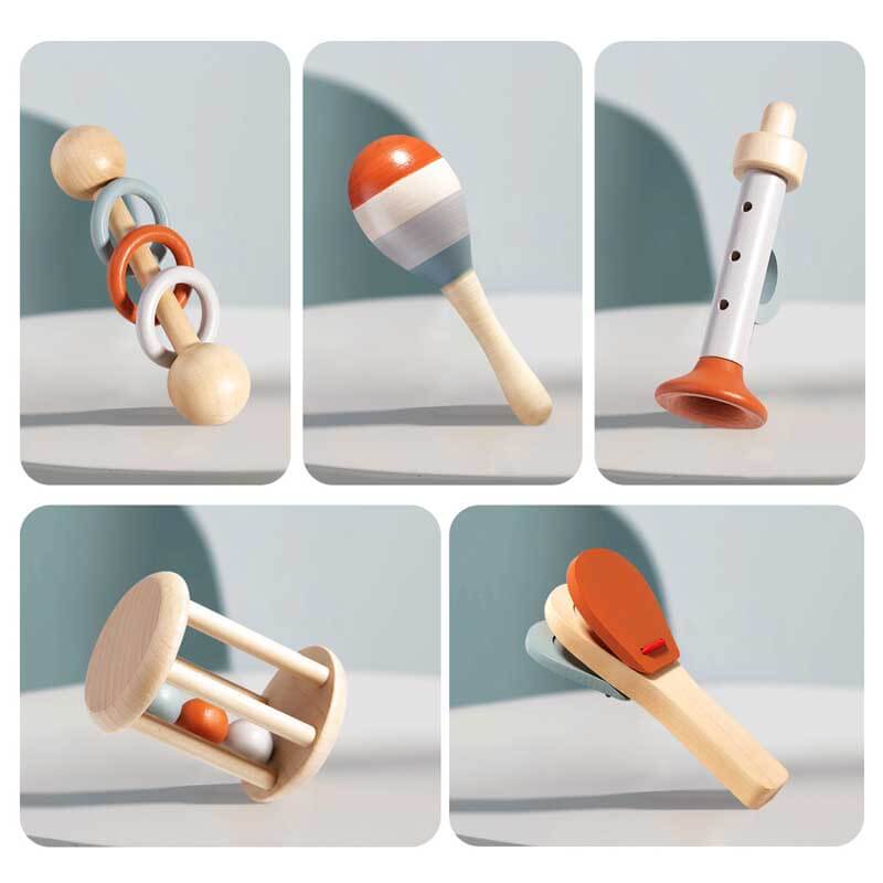 Wooden baby rattles and instruments, a 5-piece set for musical development