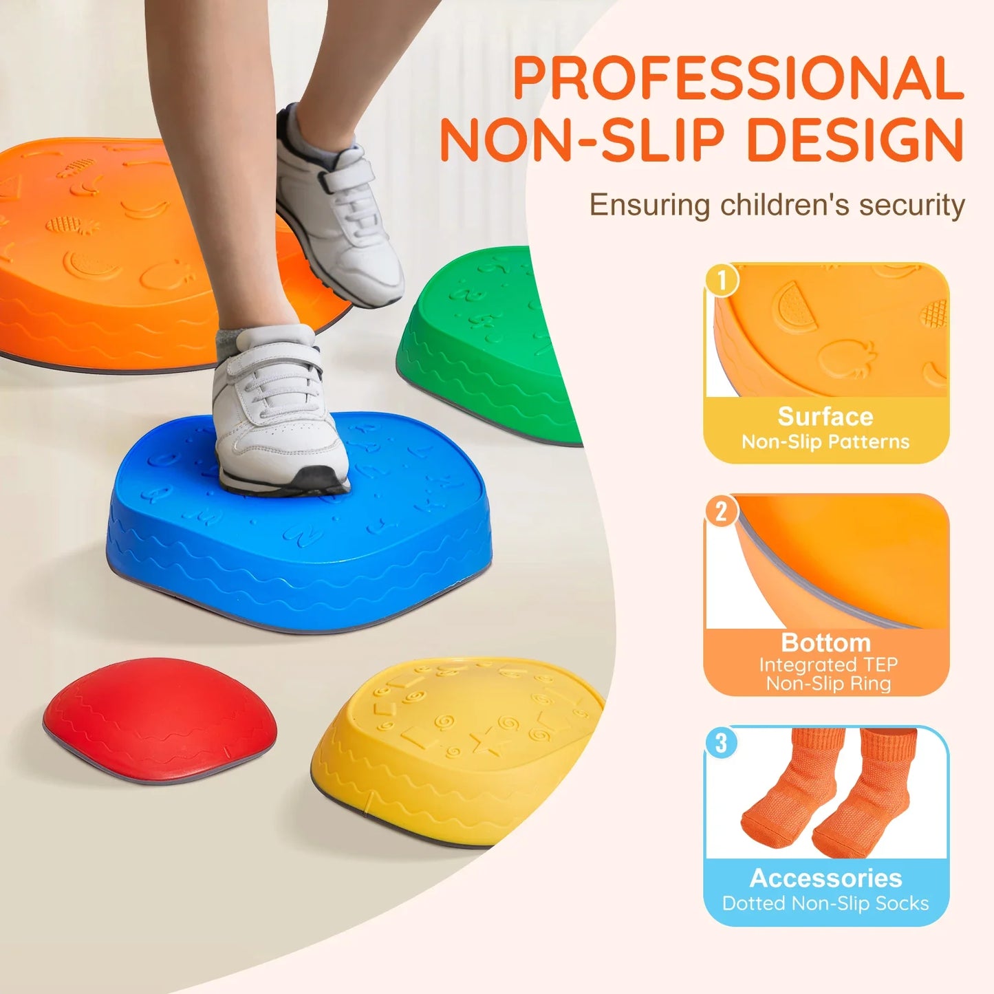 Textured, non-slip balance stepping stones designed for safe indoor play and balance training