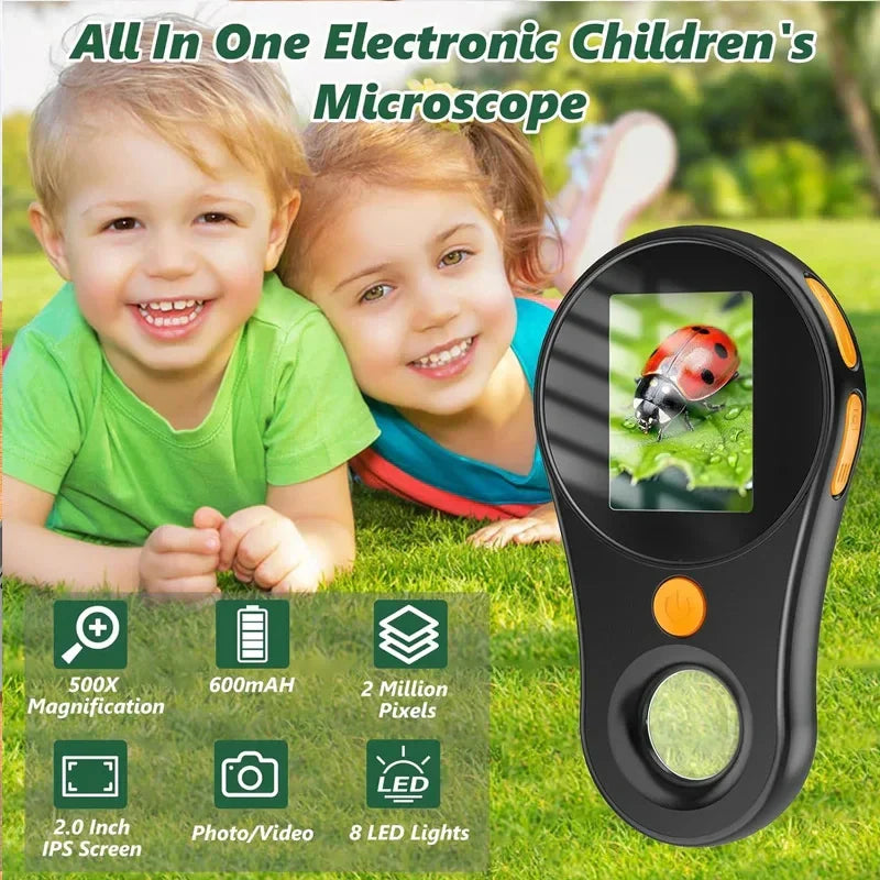 Handheld digital magnifier with 500x magnification and built-in display for portable scientific use.