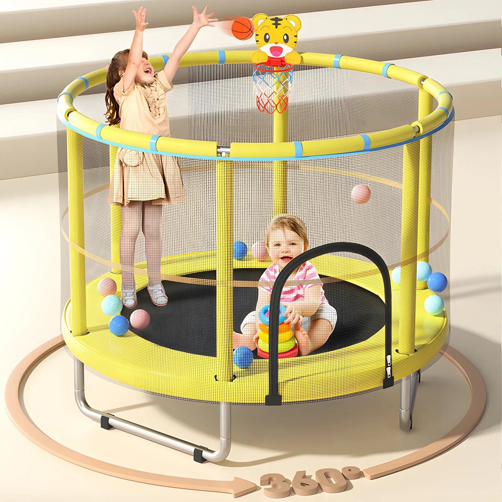 Durable 55-inch kids play trampoline with a no-gap design, ensuring safe and fun interactive play.