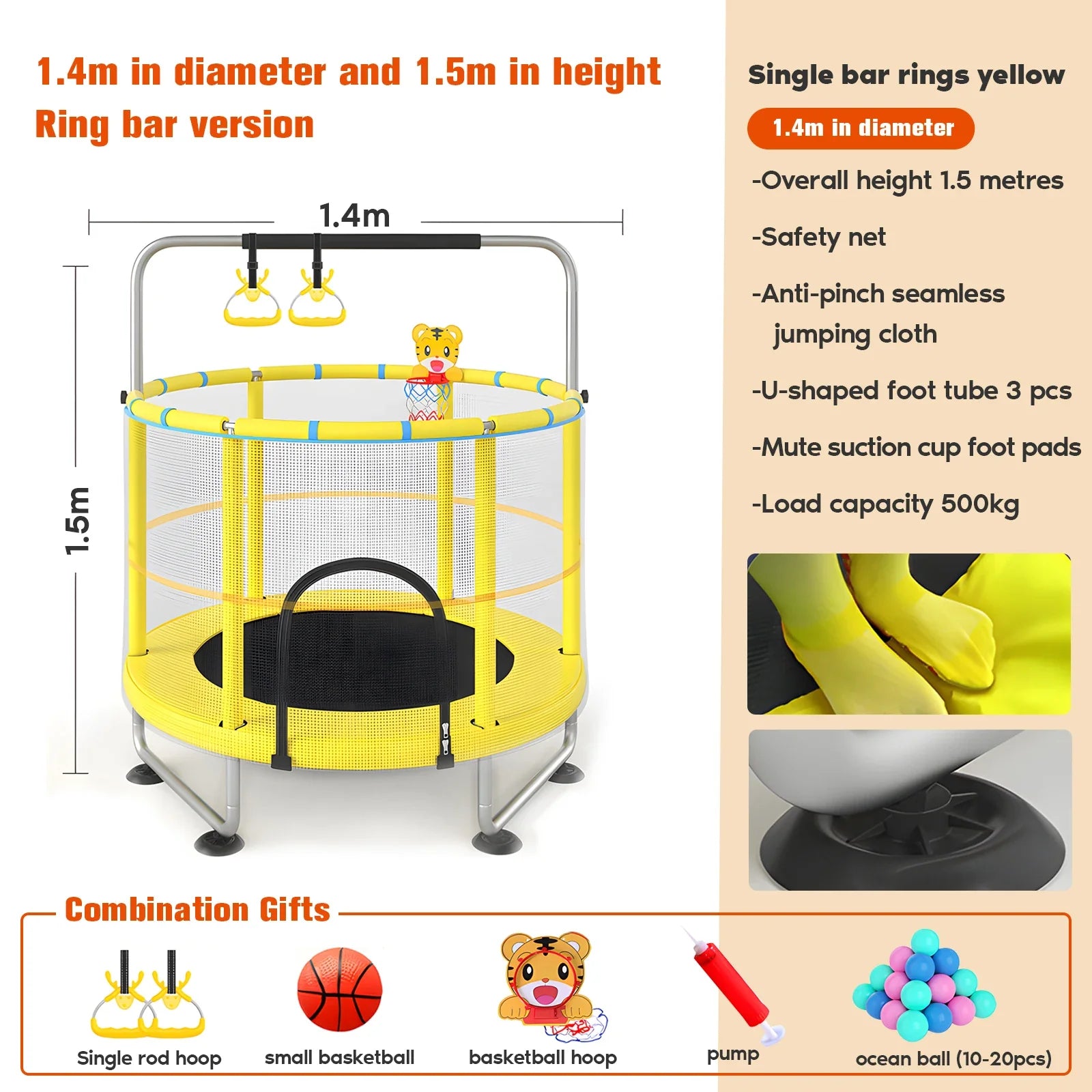 Action shot of a child enjoying the 55-inch small trampoline, showcasing its adjustable bar and safety features.