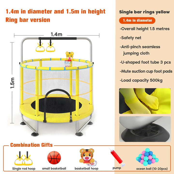 Action shot of a child enjoying the 55-inch small trampoline, showcasing its adjustable bar and safety features.