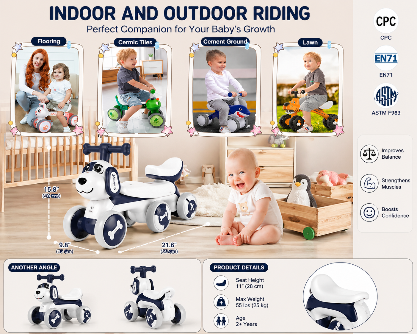 Red toddler balance bike with 4 wheels, designed for safe and fun riding for children aged 1-3 years.