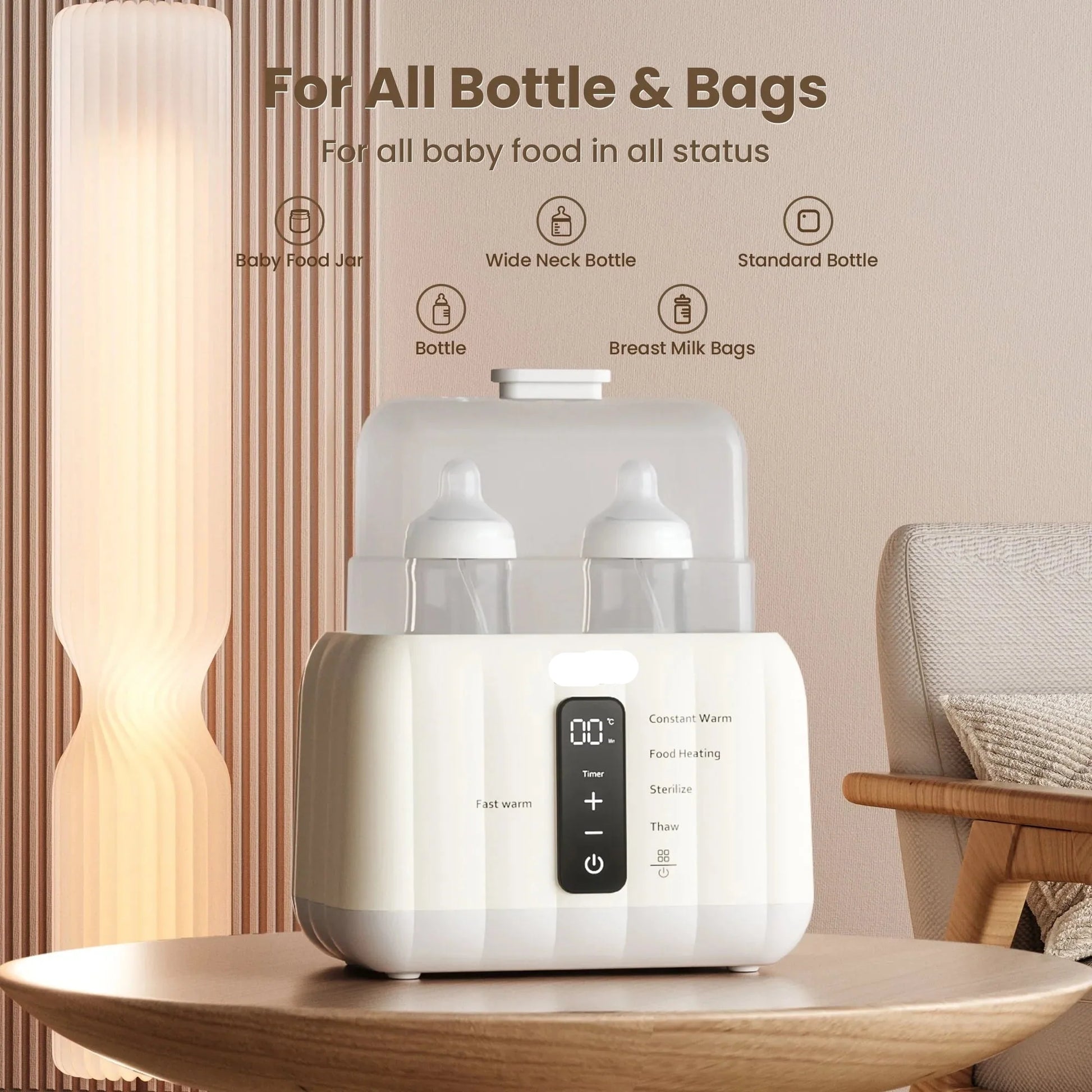 Baby bottle warmer that sterilizes and warms formula, breast milk fast, LCD screen