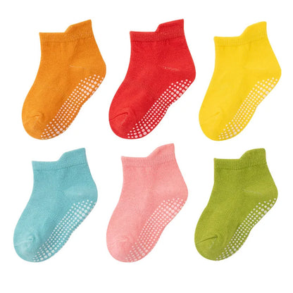 Set of 6 toddler anti-slip cotton socks in muted tones, essential baby accessories for playwear