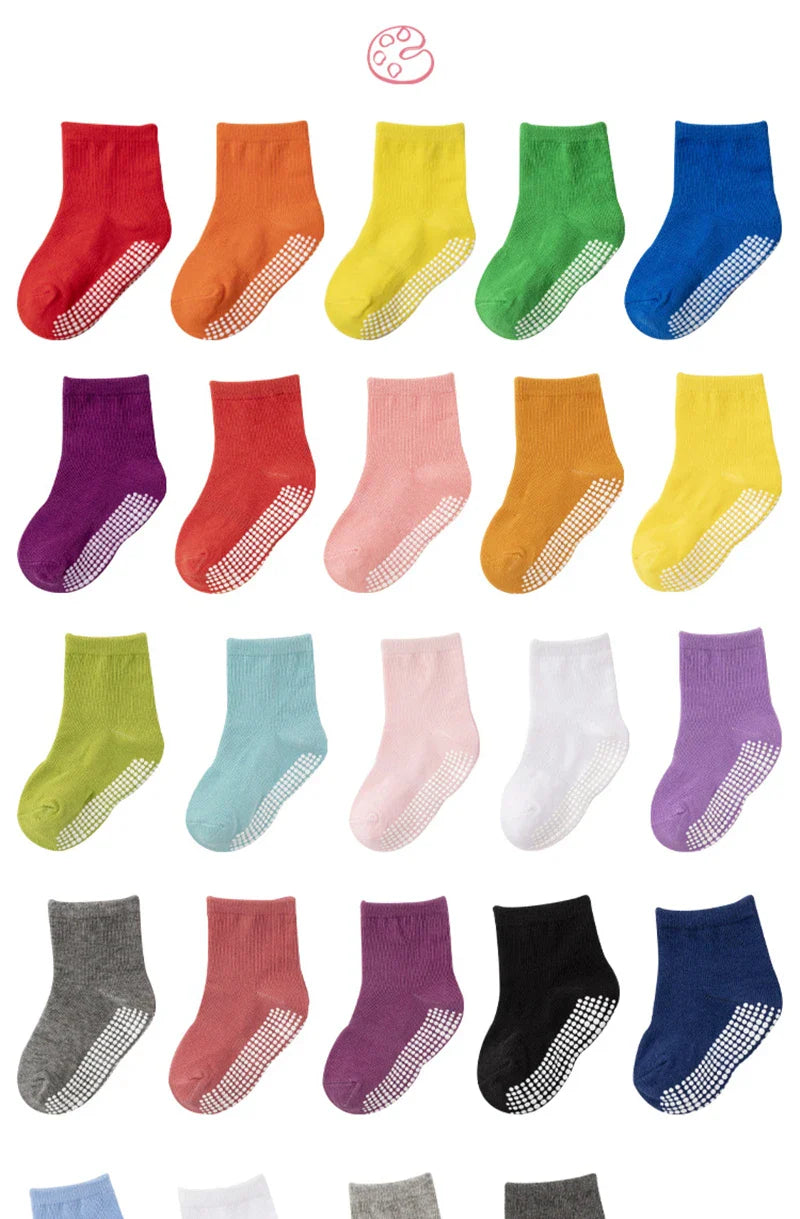Brightly patterned kids anti-slip cotton socks, 6-pack ideal for lively spring & autumn play