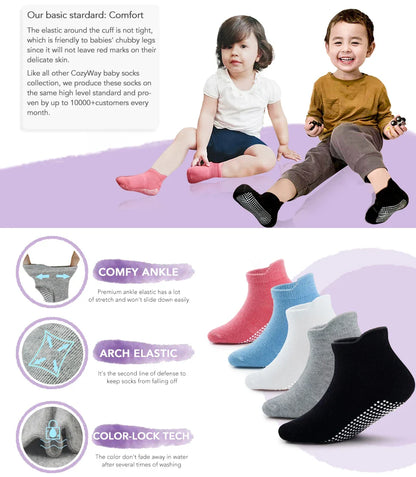 Toddler wearing anti-slip cotton socks on a wooden floor, ensuring safe spring & autumn play