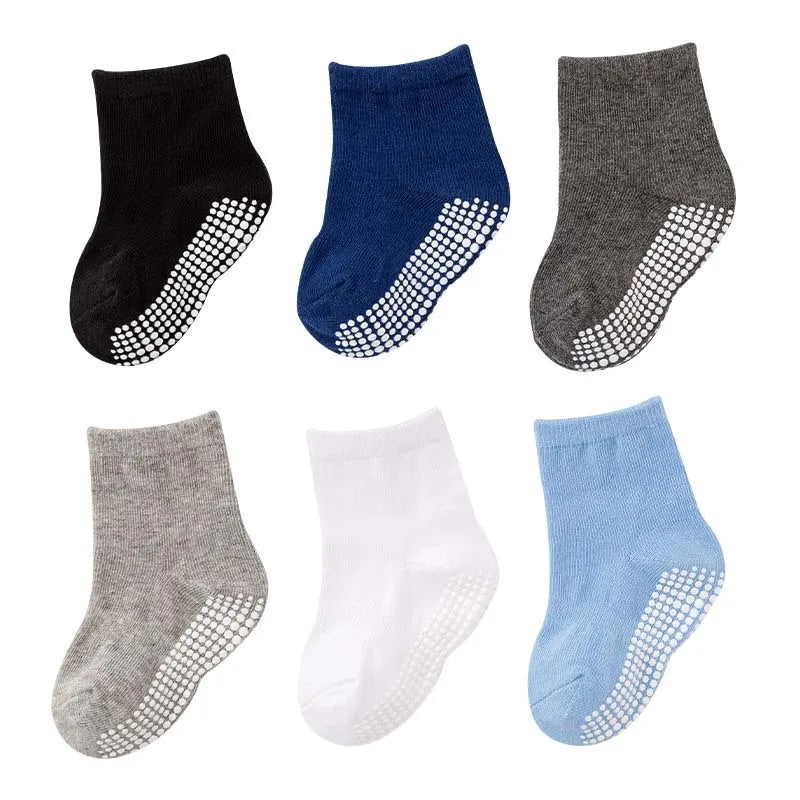 Stack of colorful kids anti-slip cotton socks, 6-pack for baby accessories & children's apparel