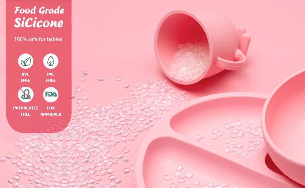 High-quality silicone baby feeding set, including a suction plate, bowl, cup, and ergonomic baby utensils.