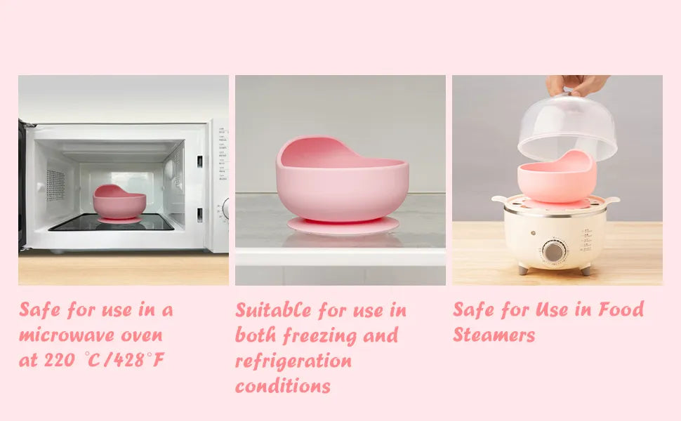 All-in-one baby feeding silicone set: bib, suction plate, bowl, training cup, soft spoon, and fork.
