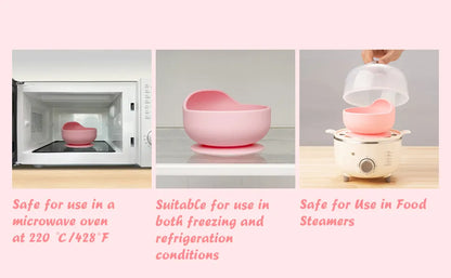 All-in-one baby feeding silicone set: bib, suction plate, bowl, training cup, soft spoon, and fork.