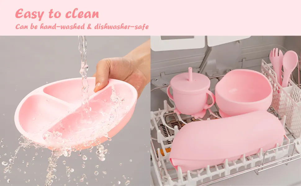 Children's mealtime set: 6 individual silicone pieces; bib, plate, bowl, cup, spoon and fork for easy feeding.