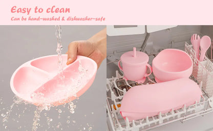 Children's mealtime set: 6 individual silicone pieces; bib, plate, bowl, cup, spoon and fork for easy feeding.