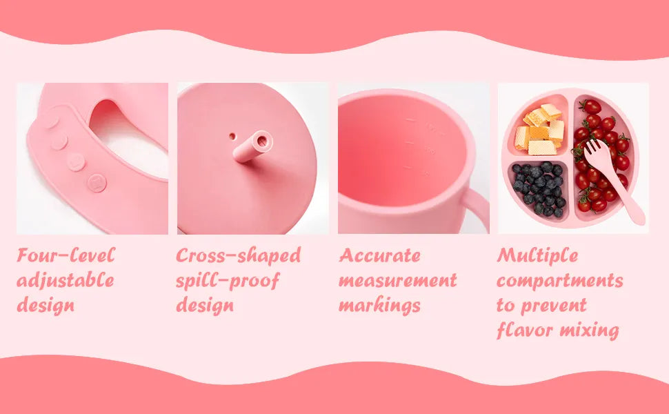 Complete baby led weaning silicone set: plate, bowl, cup, two utensils for independent eating, and bib.