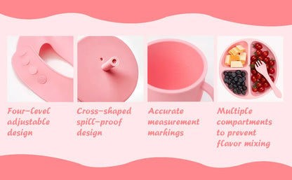 Complete baby led weaning silicone set: plate, bowl, cup, two utensils for independent eating, and bib.