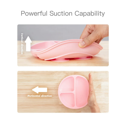 Complete toddler silicone feeding set: suction plate, bowl, cup, fork, spoon, and adjustable bib for mess-free meals.