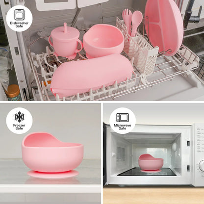 Baby feeding silicone tableware gift set with suction base plate, bowl, cup, and ergonomic cutlery.