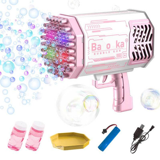69-Hole Automatic Bubble Gun Blaster for kids, blue, creating many bubbles outdoors