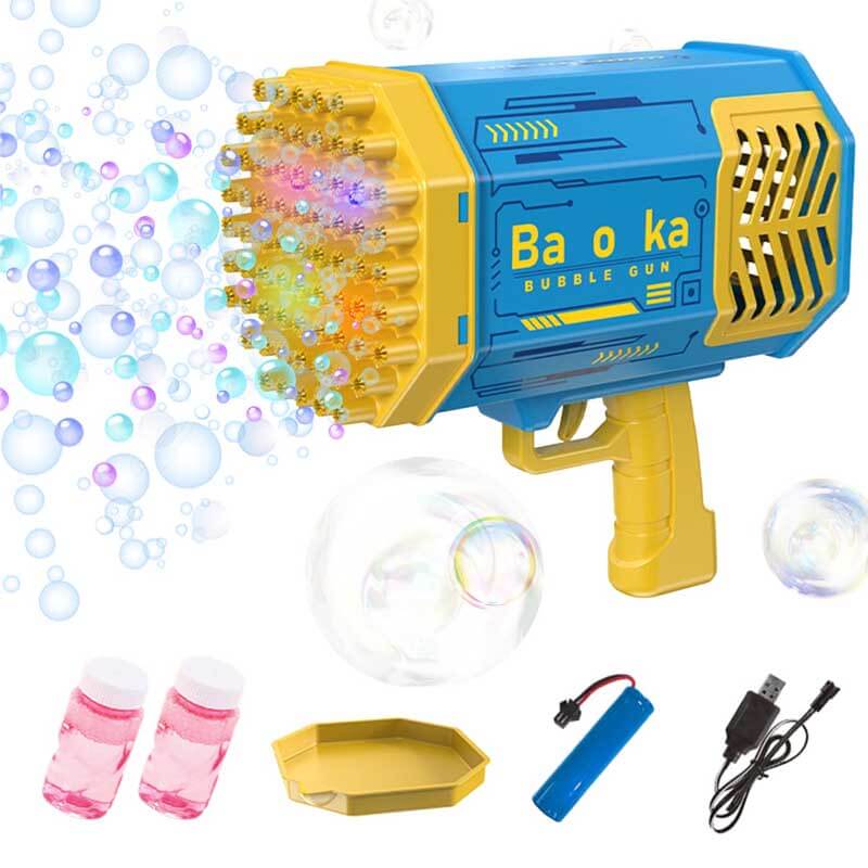 Kids playing with a 69-Hole automatic bubble gun, a fun outdoor summer toy