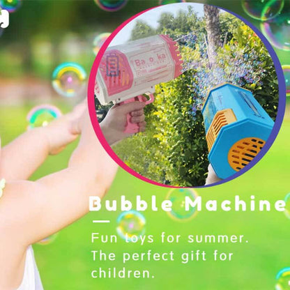 Happy child holding a blue 69-Hole Automatic Bubble Gun Blaster, ideal gift for kids