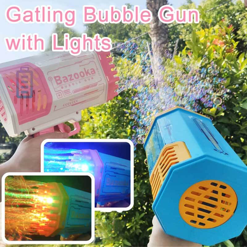 Outdoor fun with 69-hole bubble toy, an automatic bubble gun blaster for children