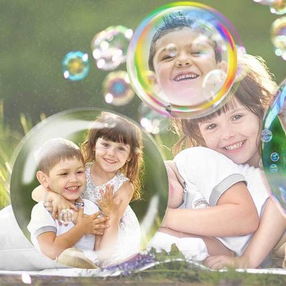 Group of kids enjoying a party with a powerful 69-Hole Automatic Bubble Gun Blaster