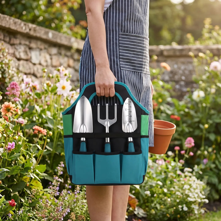 7-piece gardening tool set with durable tools like trowel, pruners, and cultivator in a portable canvas tote bag.
