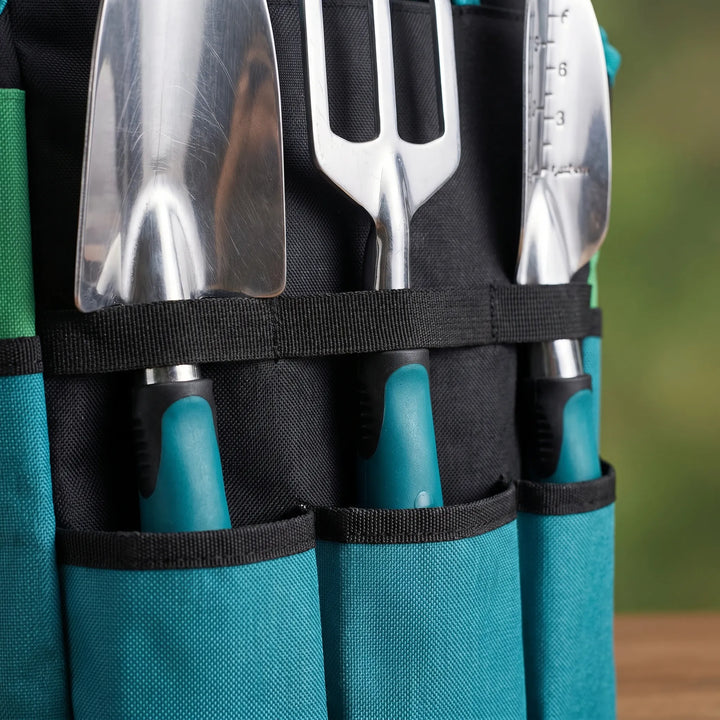 Ergonomic gardening hand trowel and sharp pruners, part of a 7-piece set for efficient plant pruning & digging.