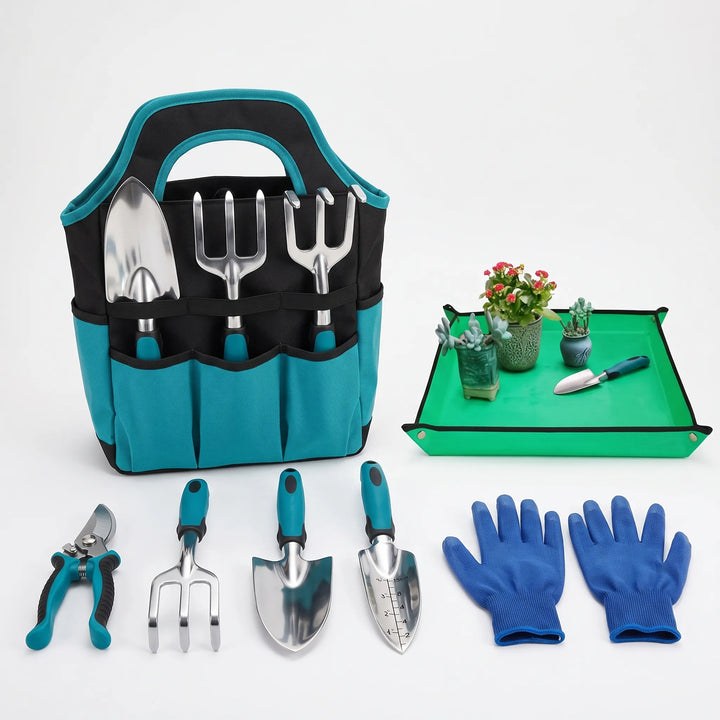 Organizer canvas tote bag holding a 7-piece garden tool set, perfect for easy transport of indoor & outdoor plant tools.