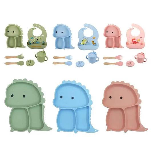 7-piece Kids' Dinosaur Silicone Suction Tableware Set, green and blue, for baby feeding & toddler meals, BPA free