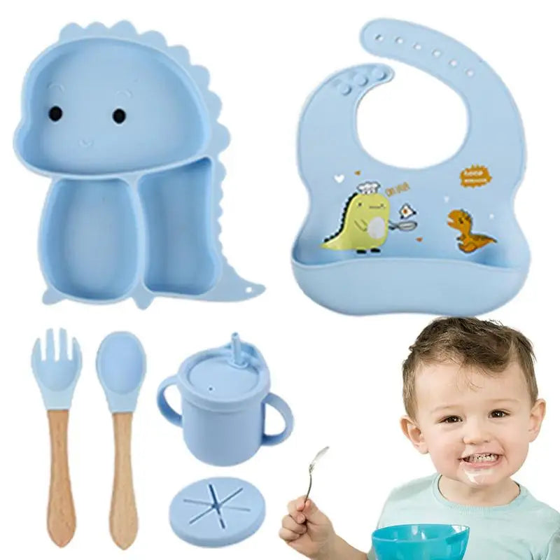 Kids' feeding essentials: complete dinosaur silicone suction dinnerware set for easy, mess-free meals