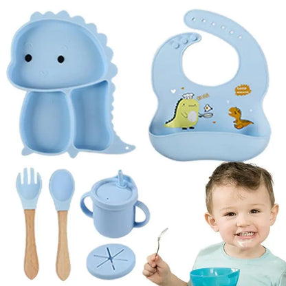 Kids' feeding essentials: complete dinosaur silicone suction dinnerware set for easy, mess-free meals