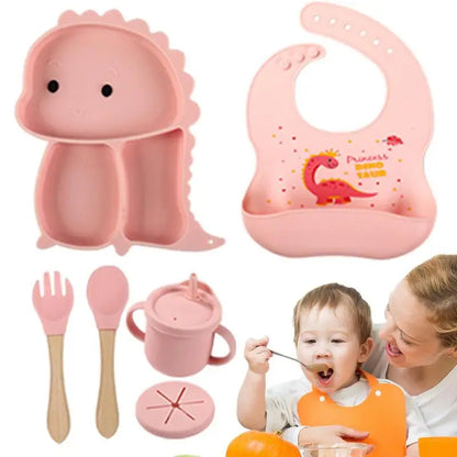 BPA-free dinosaur silicone suction tableware set for babies & toddlers, featuring plate, bowl, cup, utensils