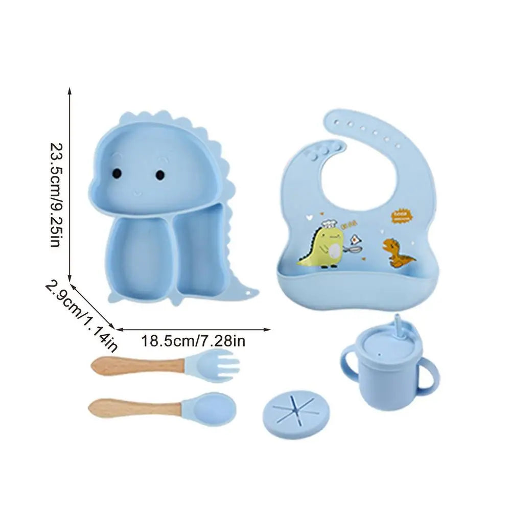 Full 7-piece Kids' Dinosaur Silicone Suction Tableware Set, perfect for baby feeding and early childhood meals